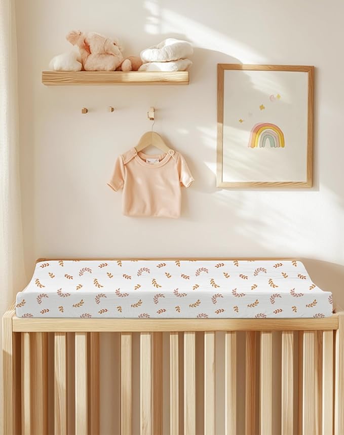 Changing Pad Cover for Baby Girls Boys, Muslin Changing Table Pad Covers with Boho Style, Neutral Color Soft and Breathable (Leaf)