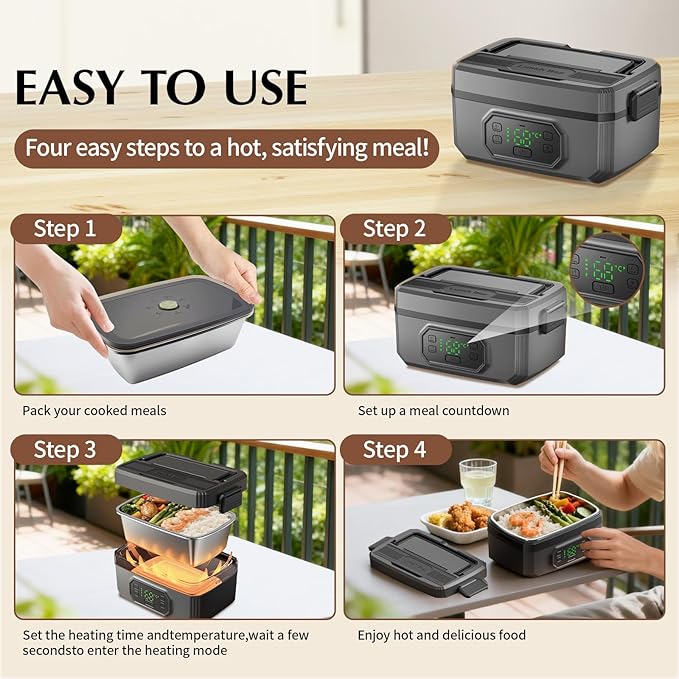 Electric Lunch Box for Adults with Timer - 1.6L Cordless Electric 24000mAh Battery-Powered Heated,5-Sided Heating & Smart Reservation - Portable Heated Lunch Box for Office, Truck, Camping