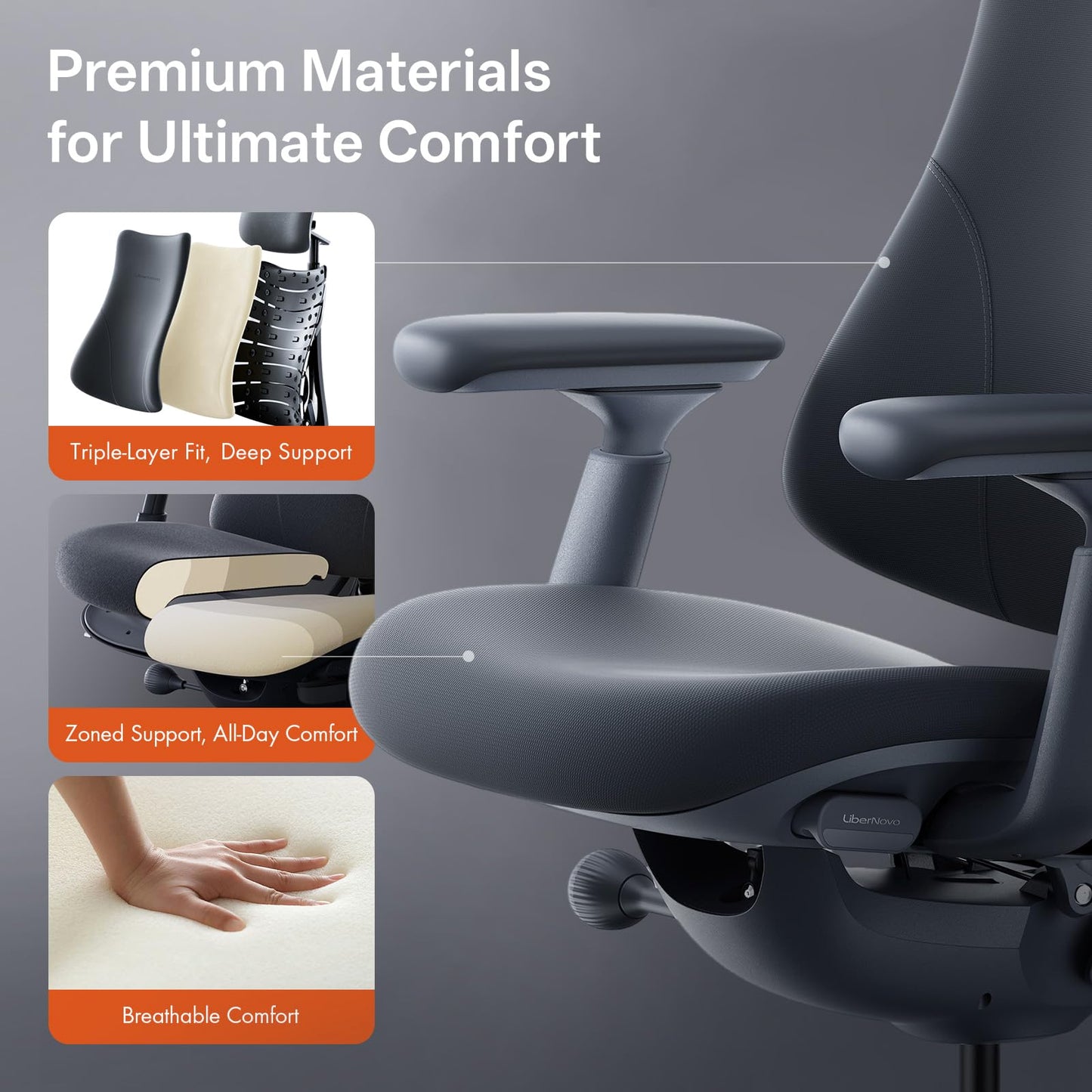 LiberNovo Dynamic Ergonomic Desk Chair + StepSync Footrest Bundle - Comfy Home Office Chair with Adaptive Lumbar Support, 160° Recline & Built-in Spine Stretch, Gray+45cm