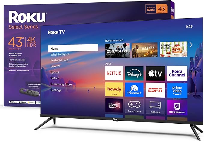 Roku Smart TV 2025 – 43-Inch Select Series, 4K HDR TV – RokuTV with Enhanced Voice Remote – Flat Screen LED Television wit...