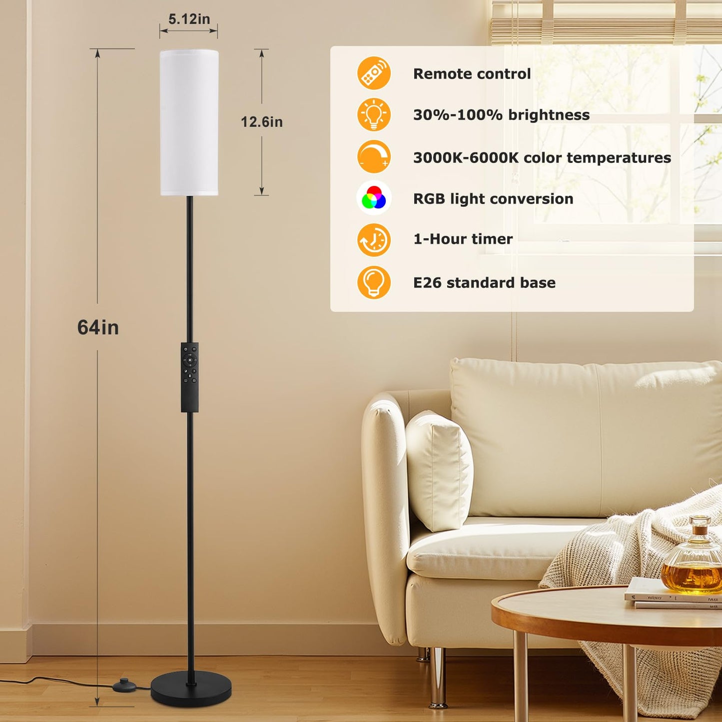 Ambimall 64in  RGB Floor Lamp with Remote Control, Stepless Dimmable, Metal, White Shade & Black Pole, Model RPT-ZGB50515