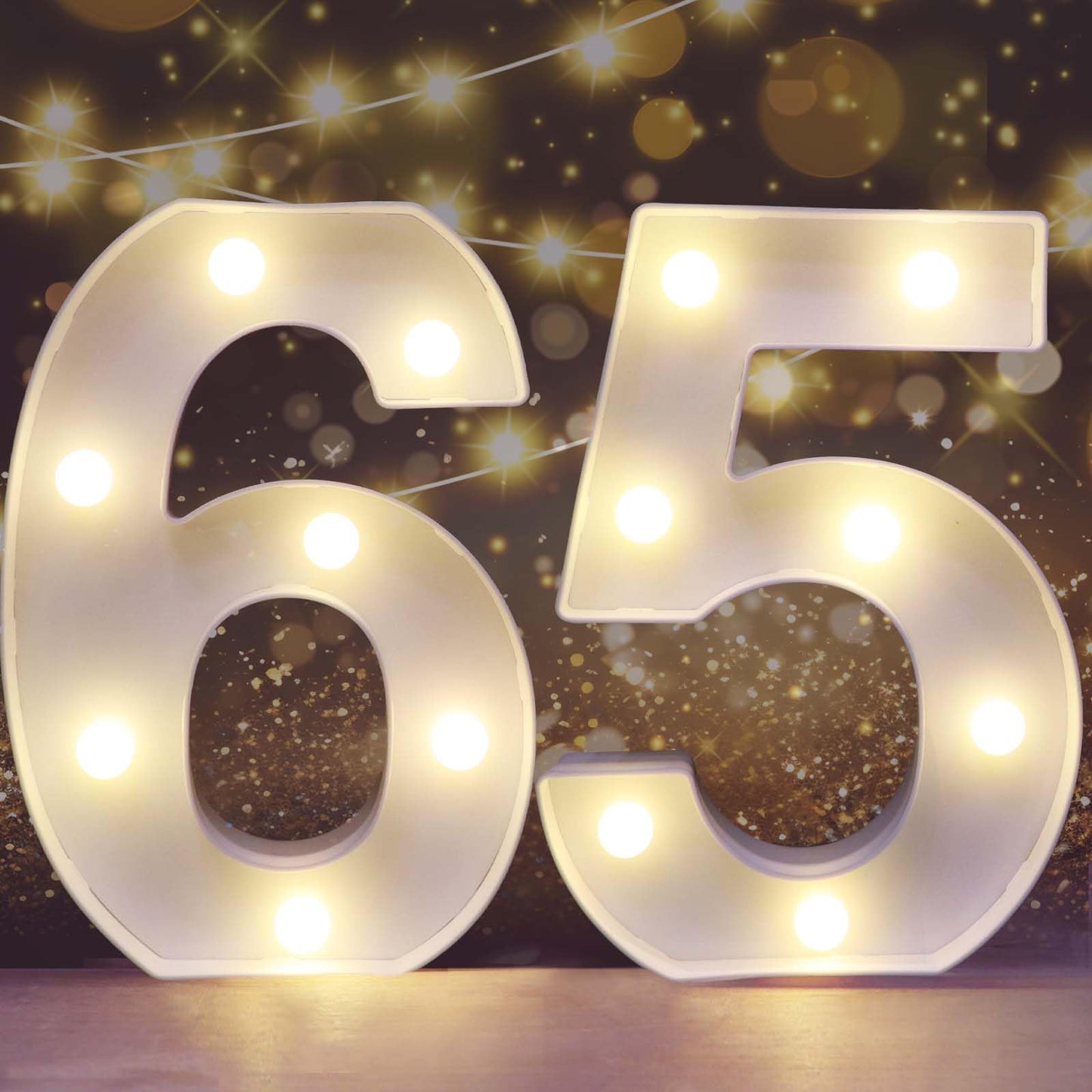 Pooqla LED Number Lights Sign, White Plastic Marquee for 65th Birthday Party, Battery Operated, Number 65