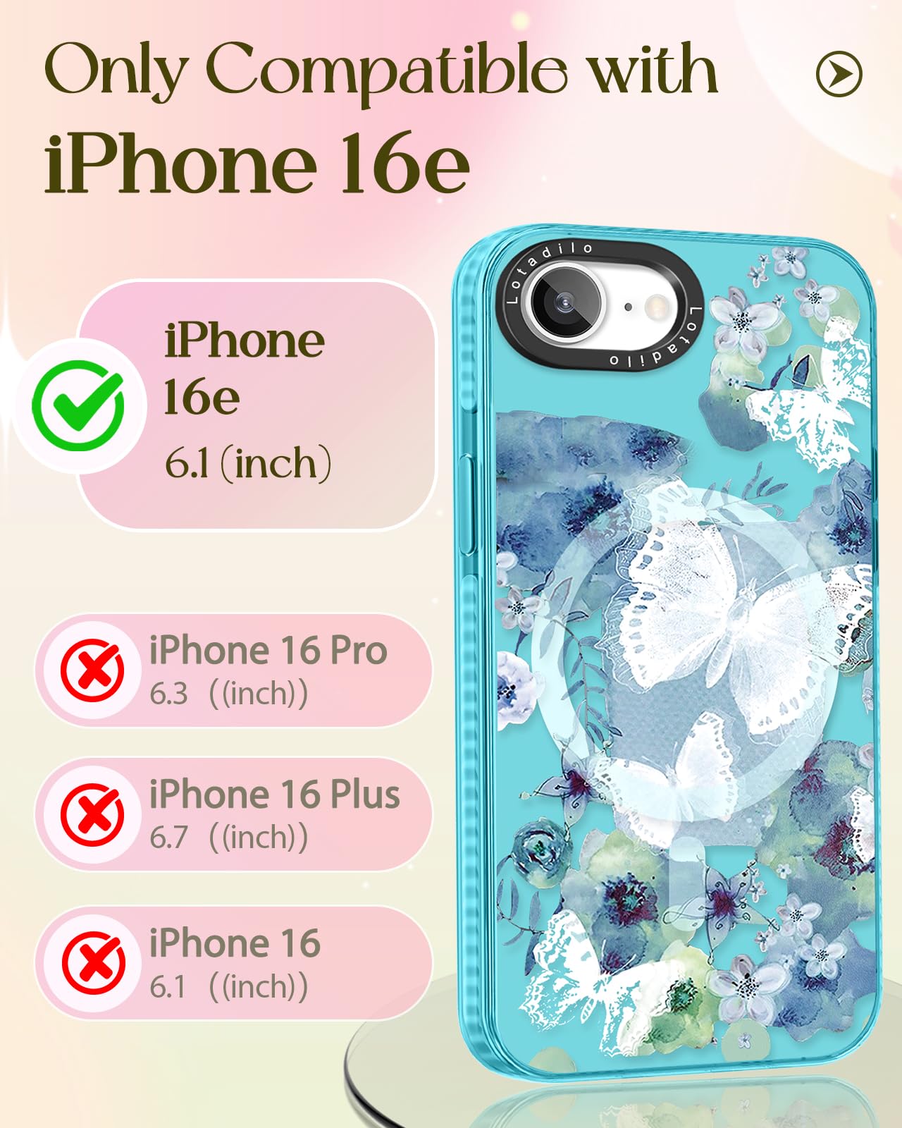 Lotadilo Cute Case For Iphone 16E For Women Girls - Funny Ink Butterfly Design Compatible With Magsafe Magnetic Ring Holder Kick