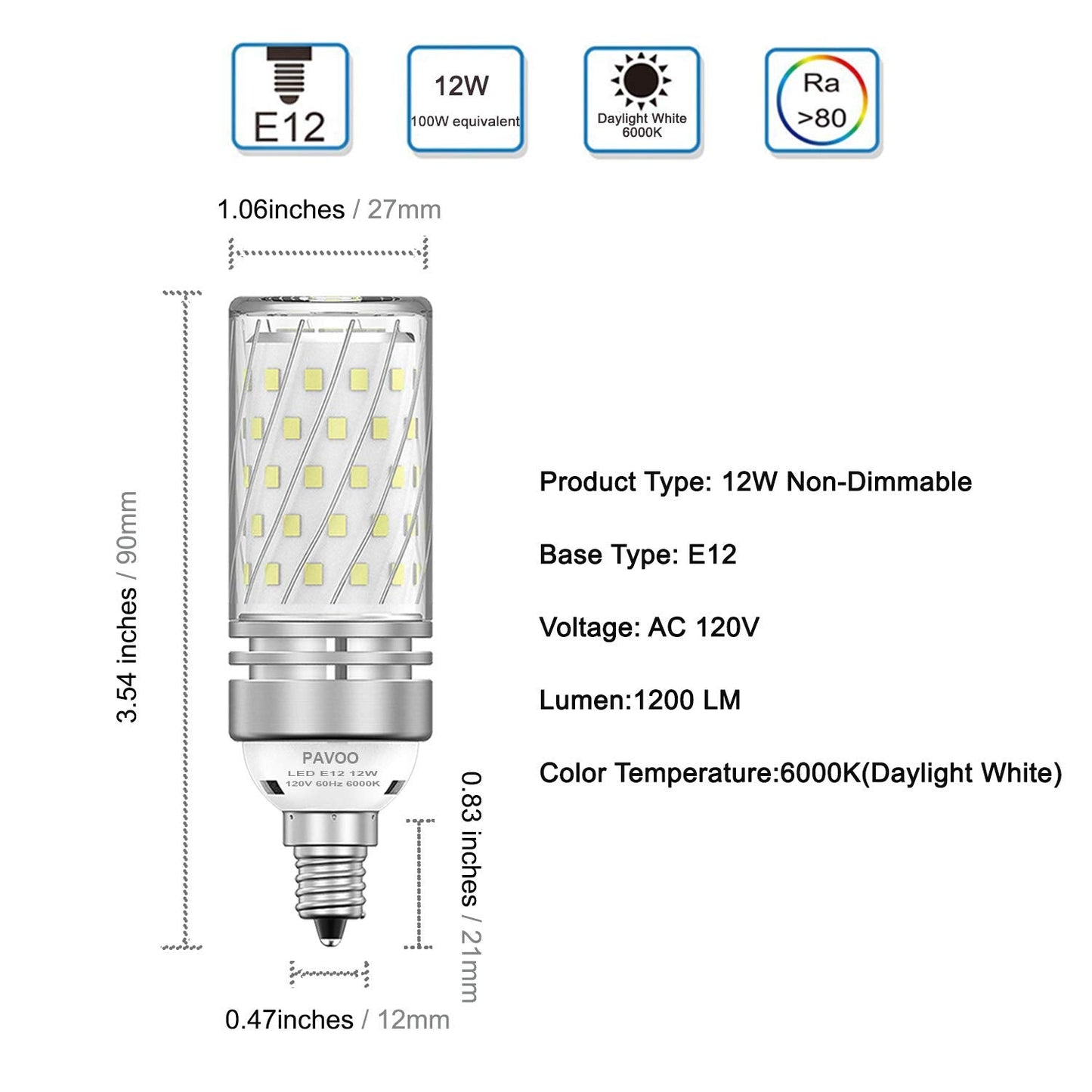 PAVOO E12 LED Candelabra Bulbs 12W 100W Equivalent 1200LM Daylight White Pack of 4