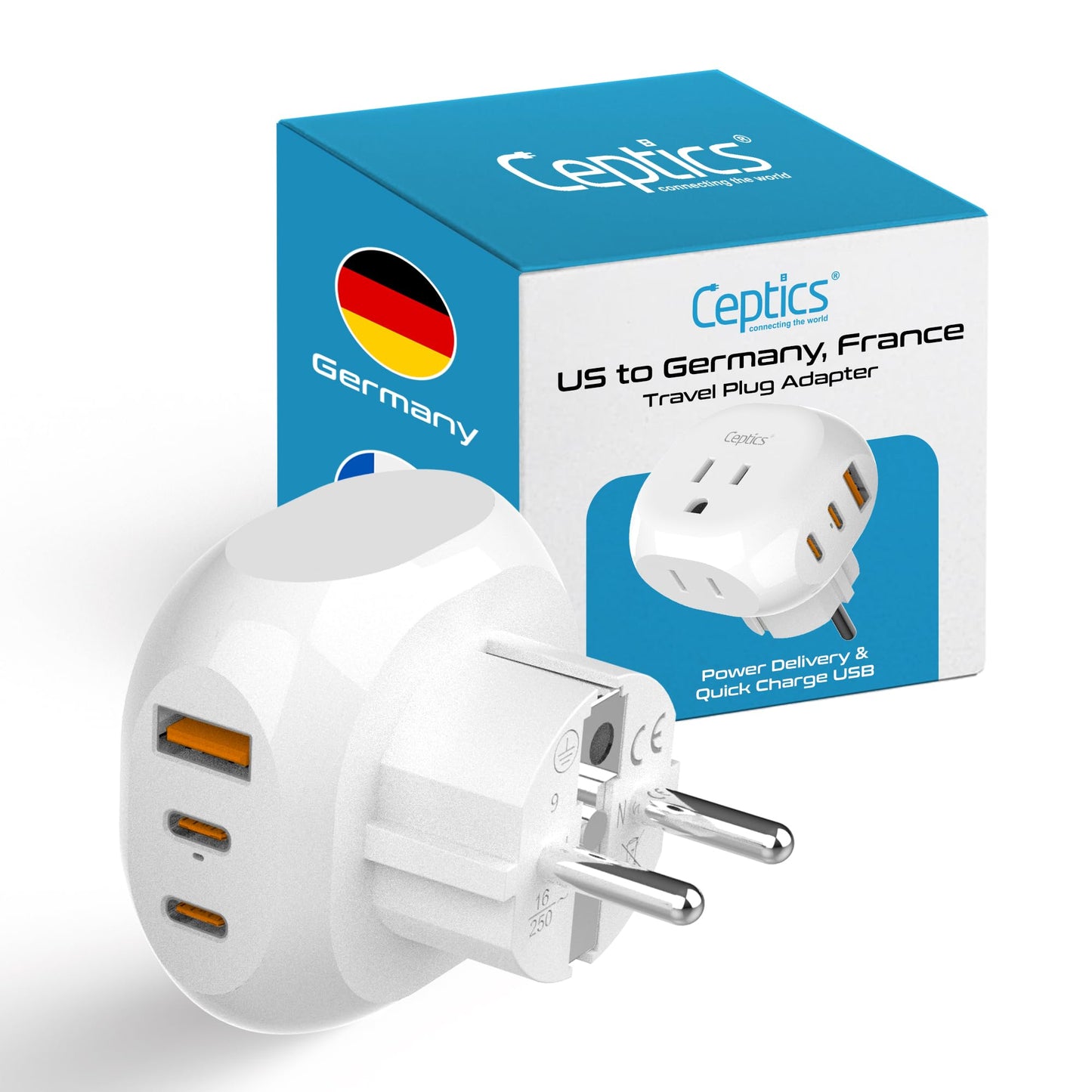 Ceptics European Schuko Travel Adapter - 5 Input With 20W Pd-Qc 3.1A Dual Usb-C And Usb - Ultra Compact - Light Weight - Usa To