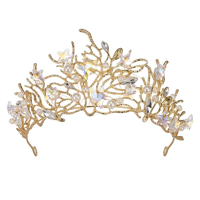 SWEETV Mermaid Tiara for Girls Women, Gold Princess Crown Diadem, Jeweled Headpiece Costume Hair Accessories for Birthday ...