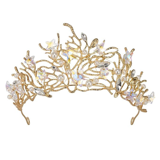 SWEETV Mermaid Tiara for Girls Women, Gold Princess Crown Diadem, Jeweled Headpiece Costume Hair Accessories for Birthday ...