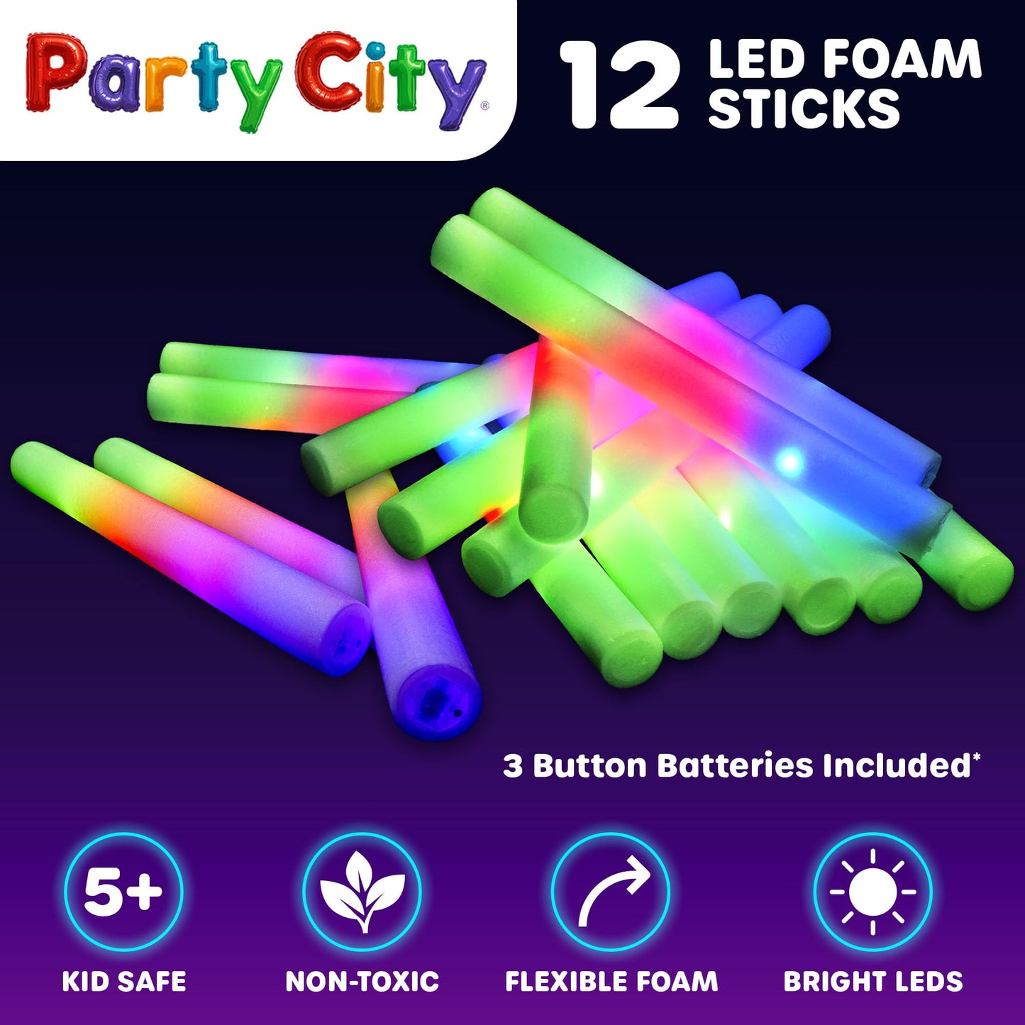 Party City 12Pk Led Foam Glow Sticks 14 - Glow In The Dark Party Supplies Favors  Colorful Flashing Wand With 3 Modes  Foam Light Up Sticks Bulk Party Pack For Wedding  Birthday  Concert  Halloween