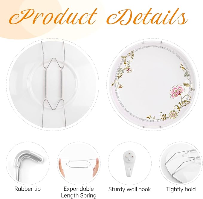 Bilillo 15-Piece Stainless Steel Plate Hangers - Heavy Duty 10/12/14 Inch Invisible Wall Plate Holders with 15 Wall Hooks & 60 Rubber Tip Protectors for 9-16 Inch Decorative Plates (Silver)