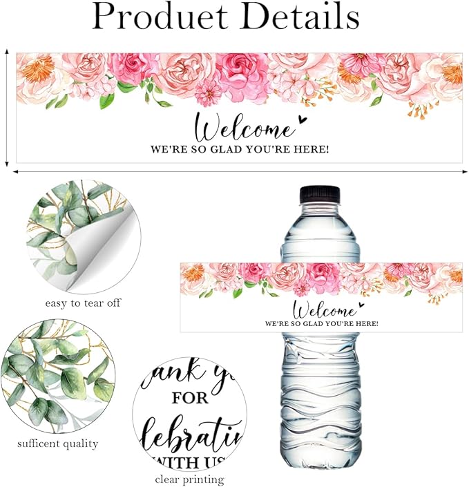 100PCS Wedding Water Bottle Labels Waterproof Greenery Floral Wraps Sticker for Water Bottle Baby Shower Bottle Label for Bridal Shower Party Welcome A03