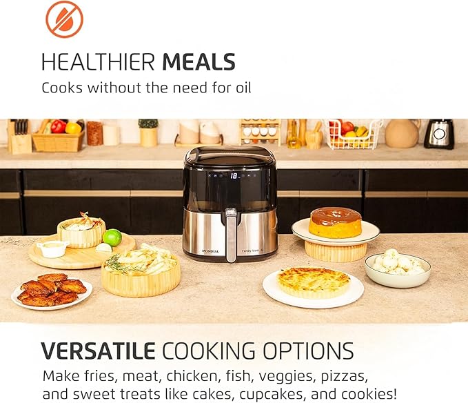 Mondial - Air Fryer Digital Visor Inox 5.3QT Capacity - High Power & Elegant Stainless Steel Finish - Black & Inox