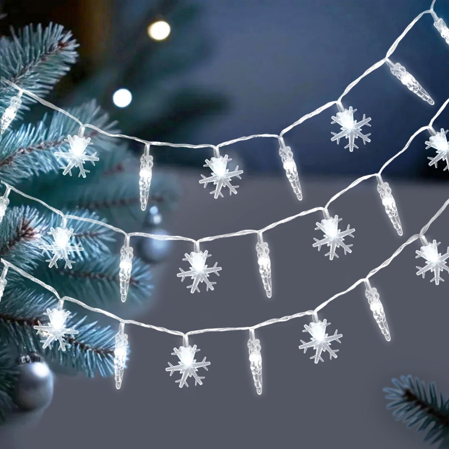 Gradesin 20Ft Icicle String Lights, 40 Led, Battery Operated, Cool White Acrylic For Indoor Christmas Decorations