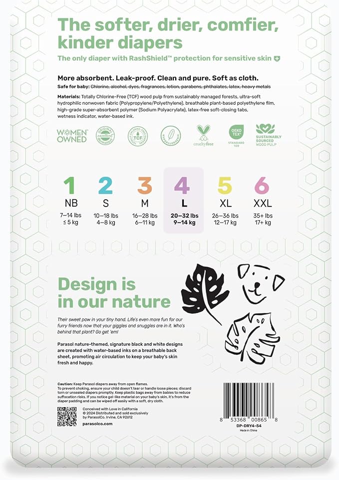 Parasol Clear+Dry Disposable Diapers, RashShield Protection and Leak-Control Fit, Hypoallergenic Diapers, Size 4 (20-32 lbs), 216 Count