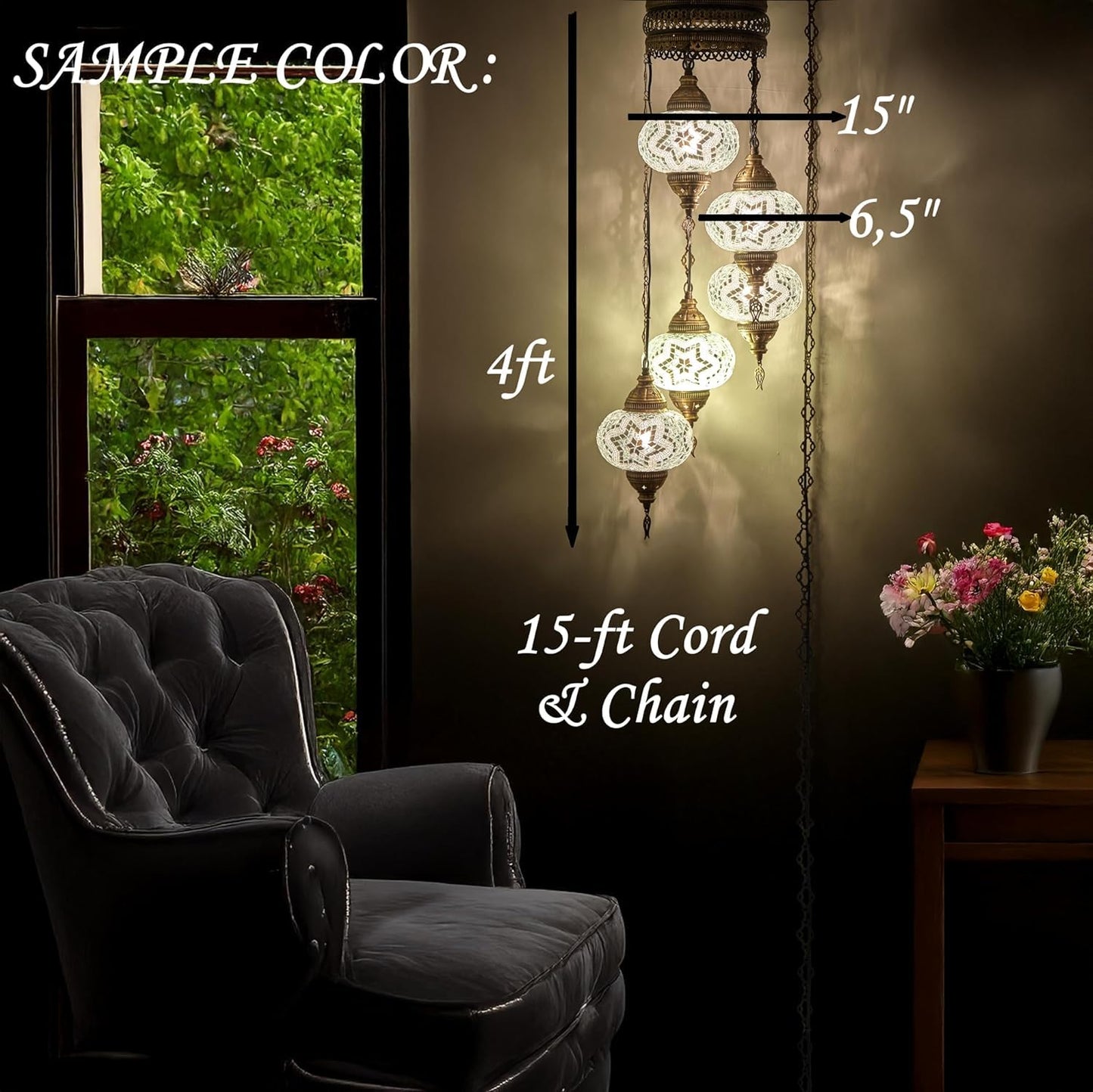 DEMMEX 7in  Moroccan Mosaic Chandelier Pendant Light, 15-ft Cord & Chain, Swag Style, Brown-Amber