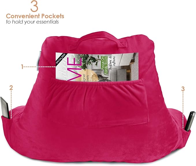 Nestl Reading Pillow Standard Bed Pillow, Back Pillow for Sitting in Bed Shredded Memory Foam Chair Pillow, Reading & Bed Rest Pillows Hot Pink Back Pillow for Bed, Bed Chair Arm Pillow with Pockets