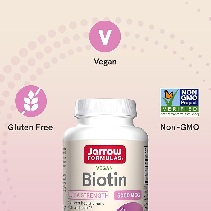 Jarrow Formulas Biotin Ultra Strength 5000 mcg, Dietary Supplement, Hair, Skin, and Nails Support, 100 Veggie Capsules, Up to 100 Day Supply