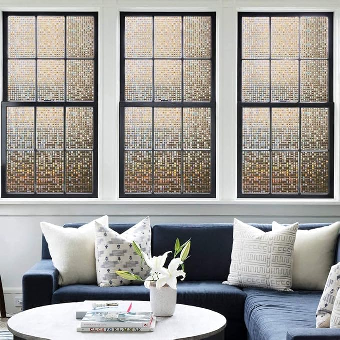 rabbitgoo Window Privacy Film Stained Glass Window Film, Mosaic Rainbow Decorative Glass Cling, Removable Static Cling Tint, Non-Adhesive Privacy Covering for Home, Brown, 11.8 x 78.7 inches