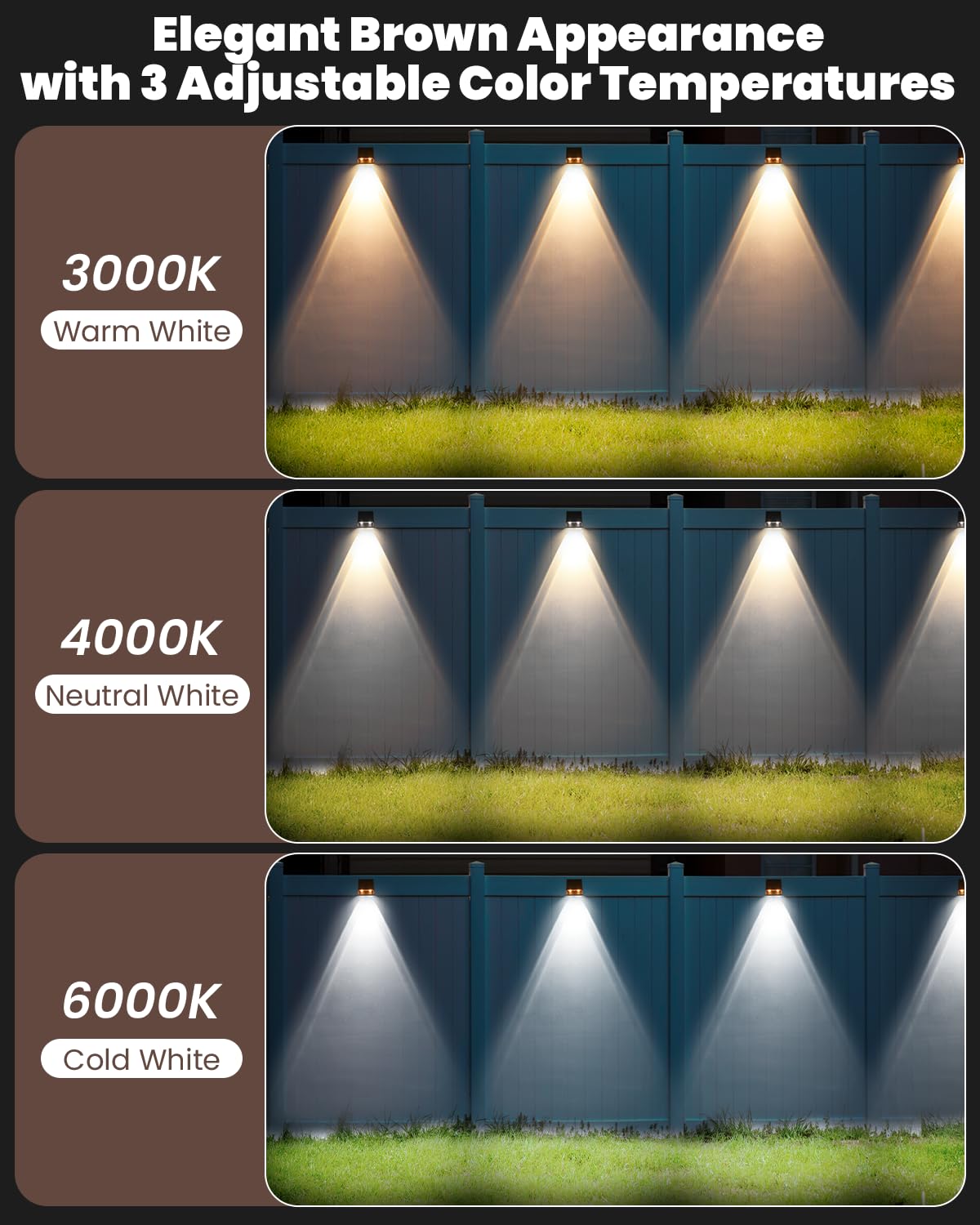 FLITI Solar Fence Lights - 3000/4000/6000K, Waterproof, Dusk to Dawn, 12 Pack, Model swv-3108, Brown