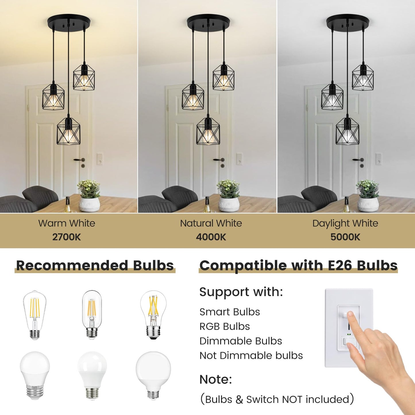 Rocunsi 3-Light Pendant Light Fixtures  Farmhouse Hanging Pendant Lighting  Dining Room Chandelier  Industrial Kitchen Island Hanging Light Fixture  Black Metal Cage Pendant Ceiling Lamp For Kitchen