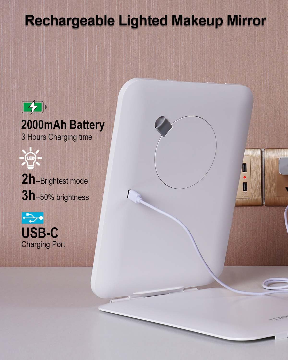 LUKYMIRO 7x9.5 Inches Lighted Travel Mirror with 10X Magnifying Round Mirror, Rechargeable Battery, USB-C Charging, 78 LEDs, Tab