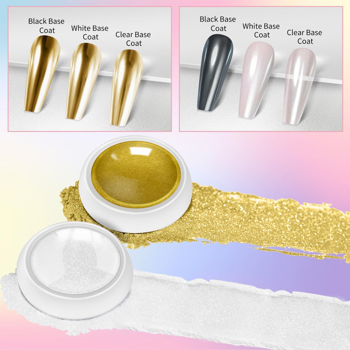 3D Nail Gel Art and Gold White Pearl Chrome Nail Powder Kit, 3 in 1 No Wipe Clear 3D Sculpting Gel for Nail Art, 15g Semi Solid