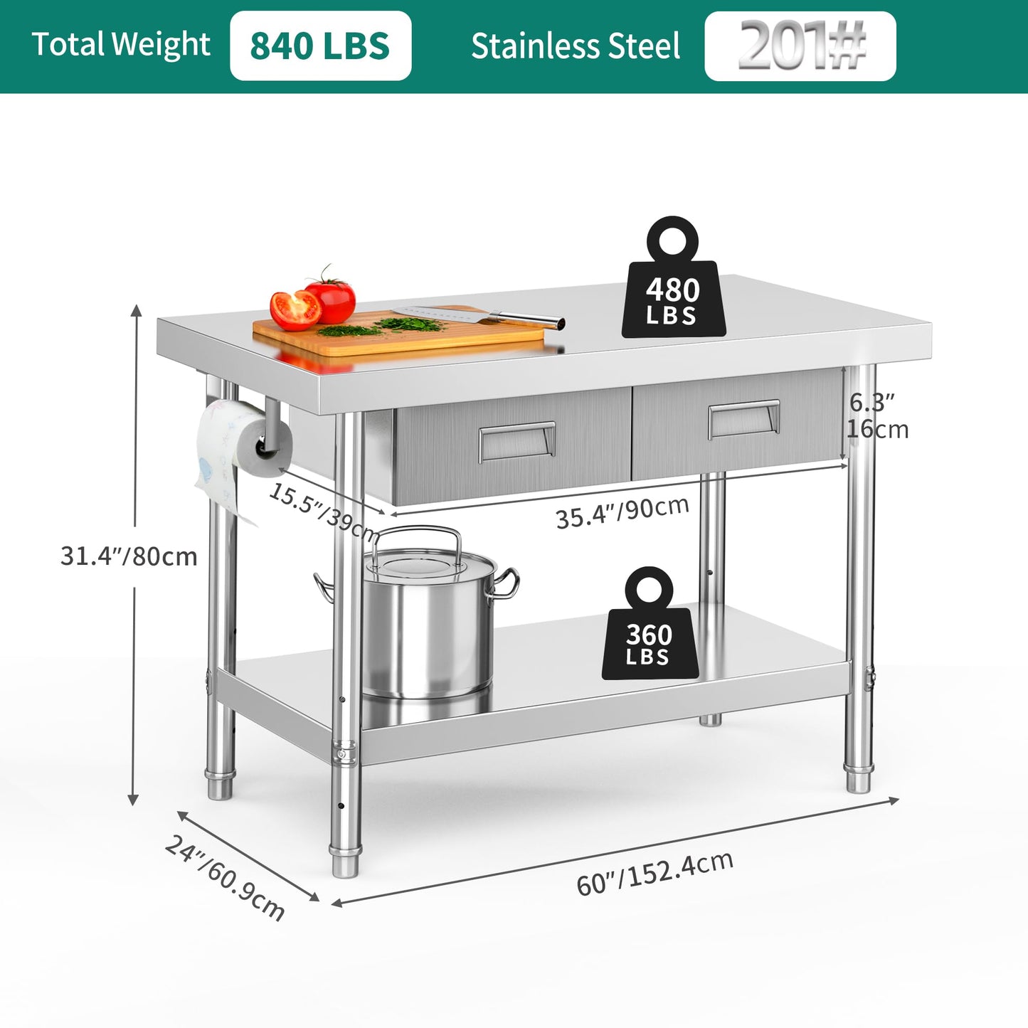 YITAHOME 48" × 24" Stainless Steel Table with 2 Drawers, NSF Work Table with Drawer, Metal Table Prep Table for Home Kitchen Restaurant Garage Warehouse