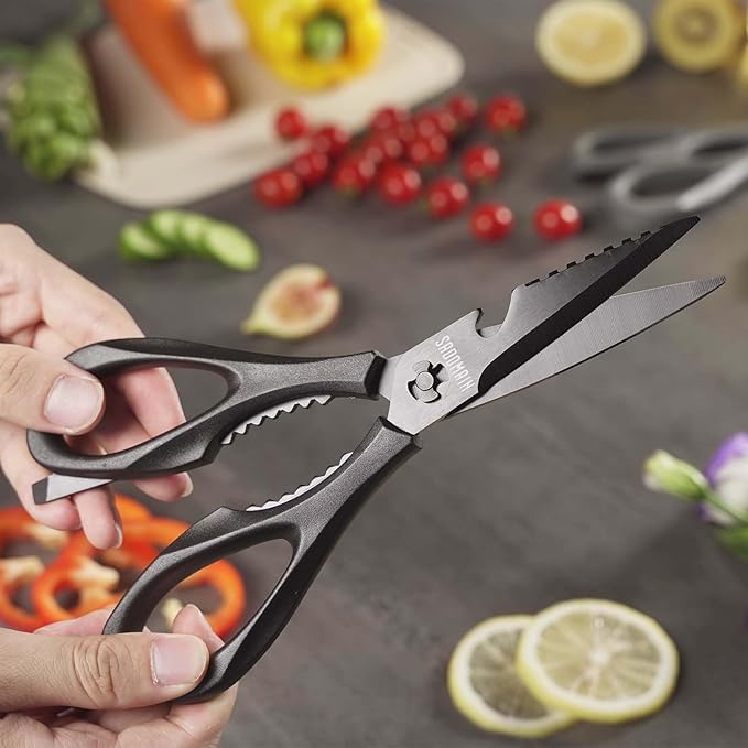Kitchen Scissors All Purpose, Extra Sharp Kitchen Shears with Knife Sharpener & Sheath, Solid & Durable Stainless Steel Scissors with ANTI-RUST Black Titanium Plated, Dishwasher Safe - Grey
