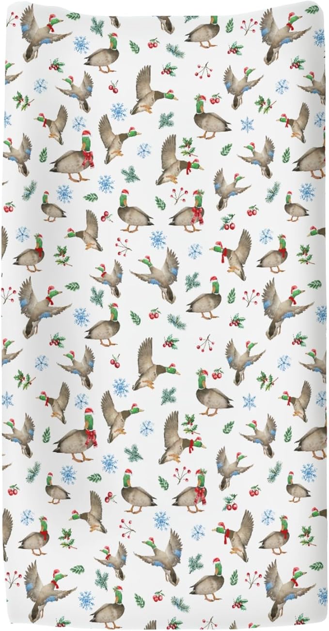 Christmas Mallard Ducks Changing Pad Covers for Baby Girl Boy Winter Green Ducks Fir Leaves Snowflakes Fitted Change Table Cover Mats Hunting Ducks Soft Diaper Changing Table Sheets 32''×16''