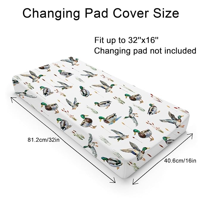 Watercolor Mallard Duck Hunting Changing Pad Cover Duck Hunting Nursery Decor Change Table Sheets for Baby Boy Girl Wild Duck Leaves Soft Breathable Stretchy Snug Fitted Changing Table Mats 32''x16''