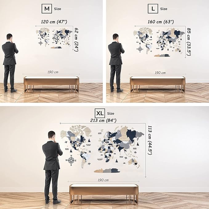 Wooden World Map 3D Art Large Wall Decor - Size (M, L, XL) Any Occasion Gift Idea - Wall Art For Home, Kitchen or Office