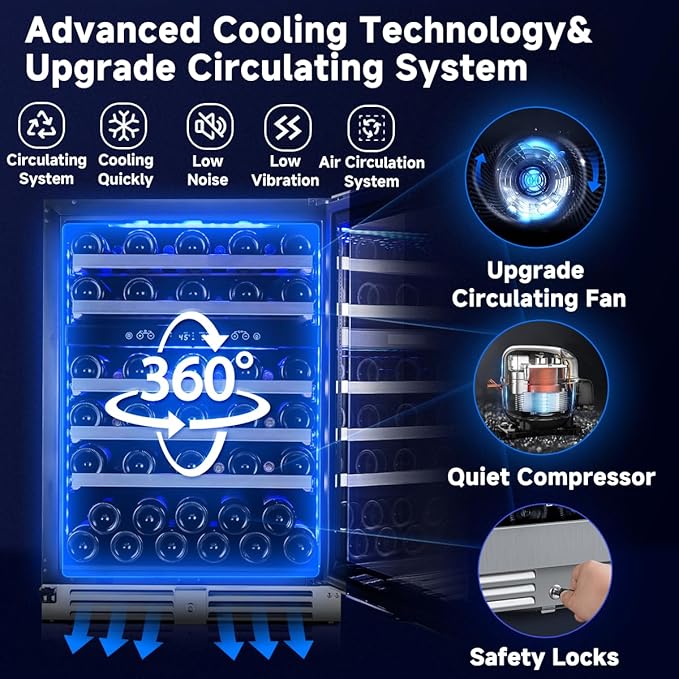 BODEGA 24 Inch Wine Cooler,56 Bottle Wine Refrigerator Dual Zone, Built-In and Freestanding Wine Fridge,with Quick and Silent Cooling System for Red, Rose and Sparkling Wines,Stylish Look