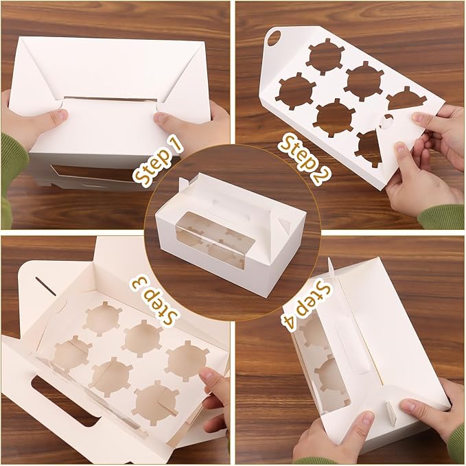FORBFAN 6 Count Cupcake Boxes, 50 Pack Cupcake Containers with Handle, Window, and Inserts – Holds 300 Standard Cupcakes, Food-Grade Gable Boxes for Muffins, Cakes, and Party Desserts