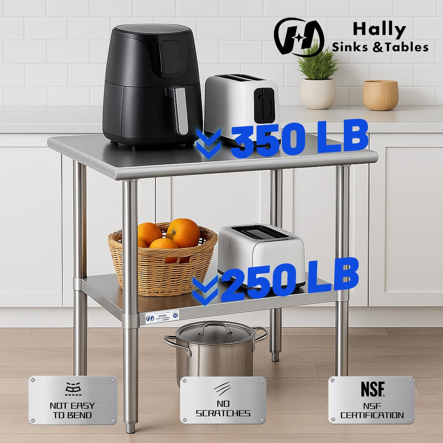 Hally Stainless Steel Table for Prep & Work 24 x 15 Inches, NSF Commercial Heavy Duty Table with Undershelf and Galvanized Legs for Restaurant, Home and Hotel