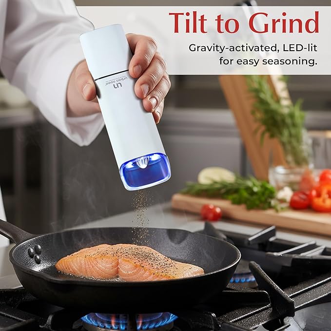 Automatic Salt and Pepper Grinder Set - Rechargeable Electric Salt and Pepper Shakers with Adjustable Coarseness, LED Light, One-Handed Use, Gravity Salt Grinder and Electric Pepper Mill