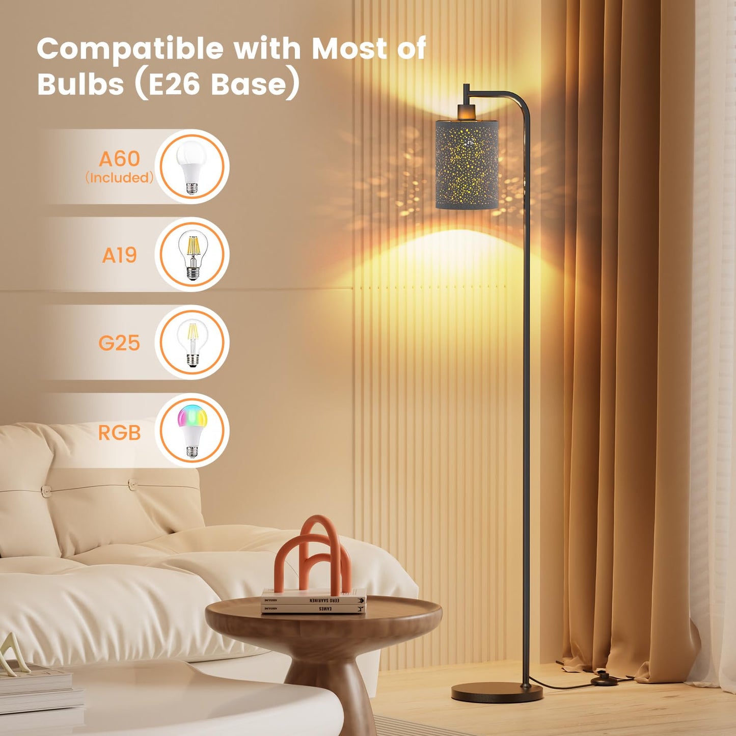 SIBRILLE Floor Lamp - Dimmable with Remote Control, 3 Color Temperatures, Metal, Starry Sky, Model BP-F072, 9W LED Bulb Included