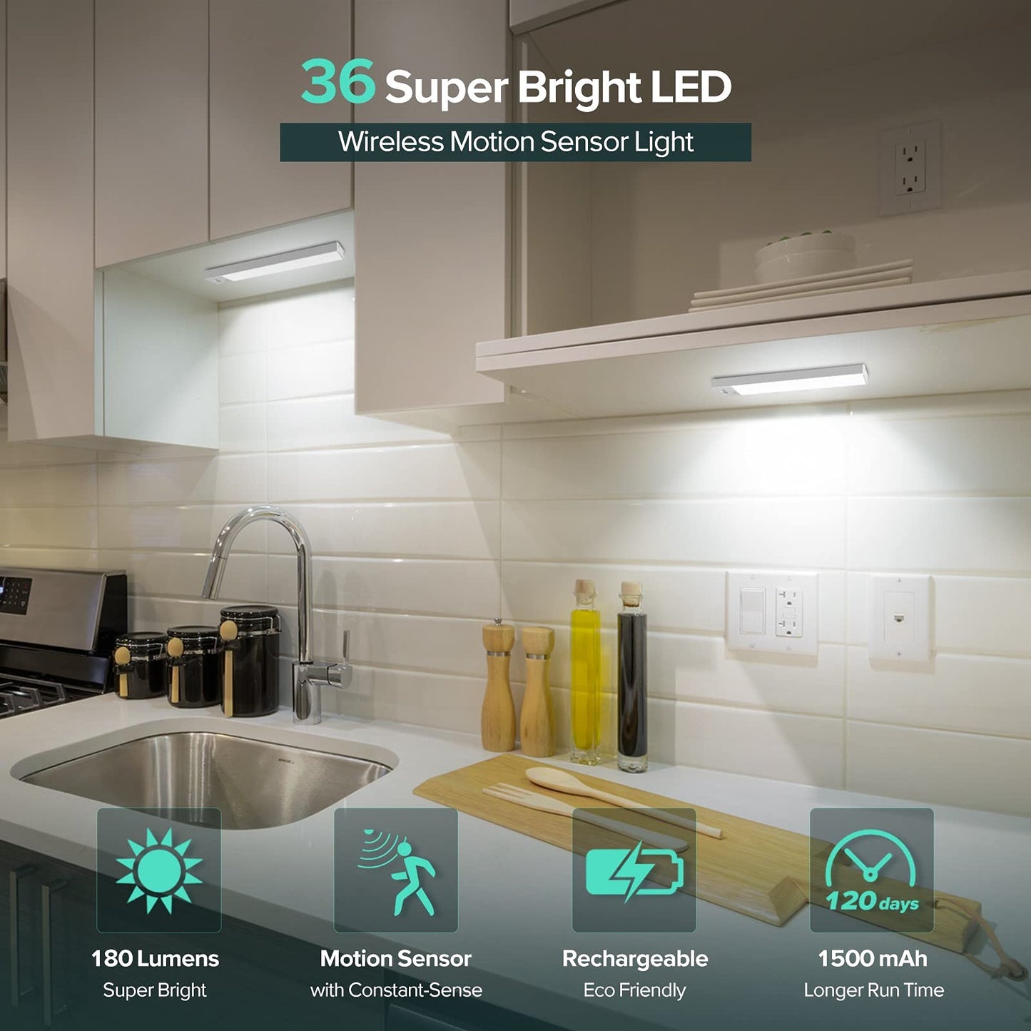 BLS LED Closet Lights, Battery Powered, Motion Sensor, 1500mAh, 6000K Clean White, Model T36-3, 3 Pack