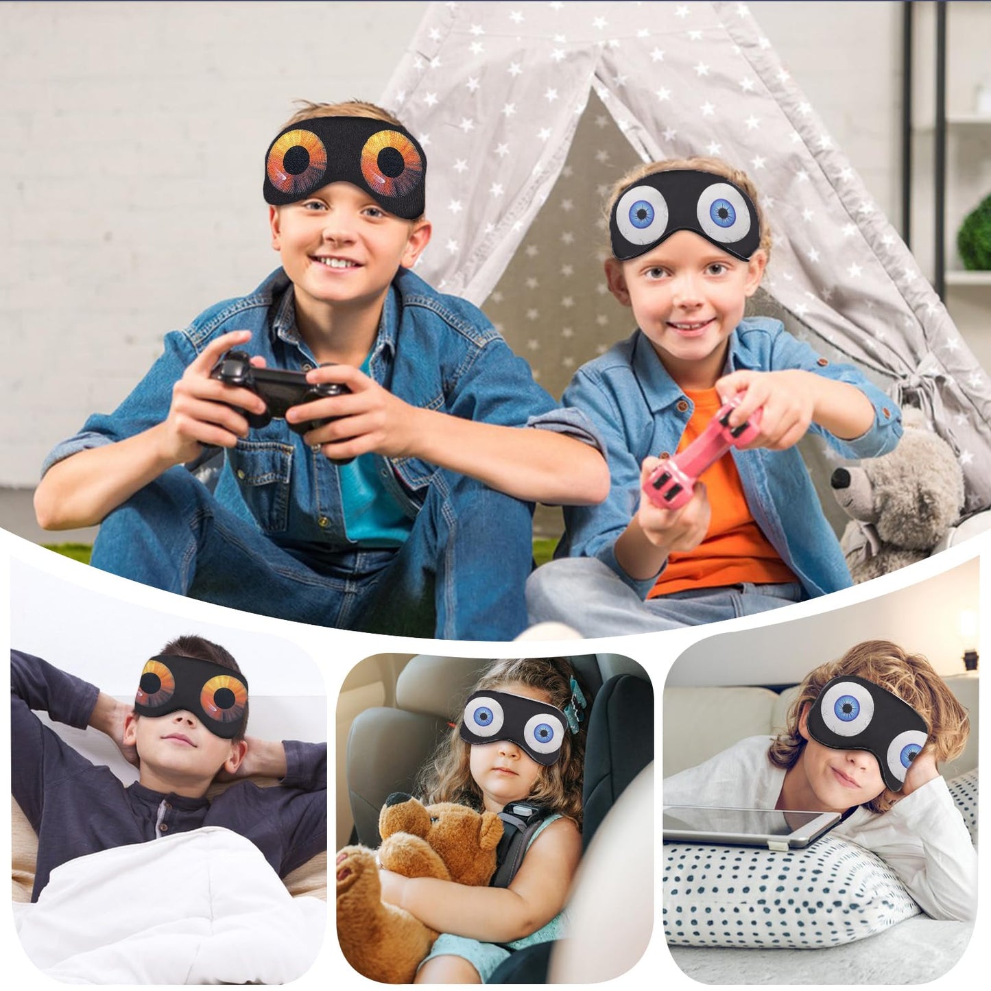 2 Pcs Sleep Mask for Kids Boys, Silk Eye Covers for Sleeping, Adjustable Strap & Light Blocking Design, Adult Children's Bedtime Blindfold for Travel and Home Use (Funny Eye)