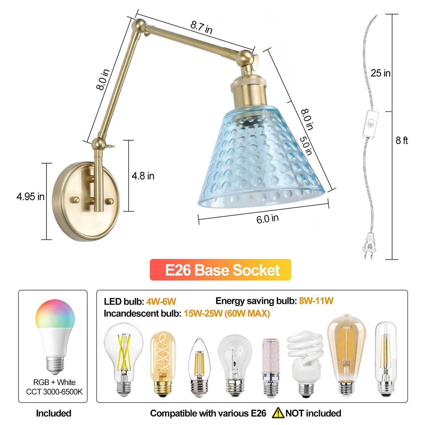 BARSUNS Swing Arm Wall Sconce Set of 2, Metal, Gold & Blue, Adjustable Brightness, Remote Control, Model BS-WL351YB-B2