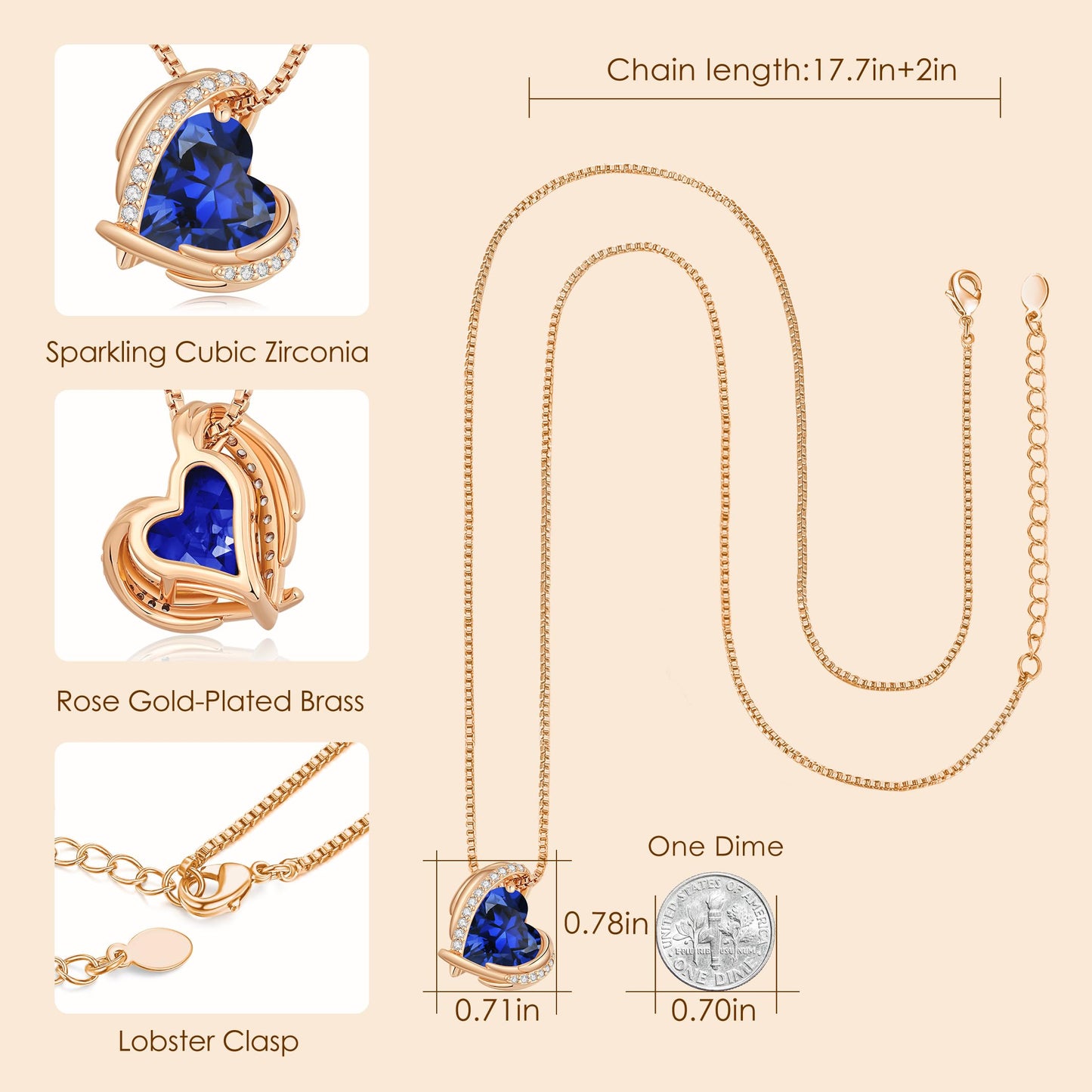 CDE Love Heart Pendant Necklaces for Women, Silver Tone Rose Gold Tone Birthstone Jewelry Gifts for Wife Her