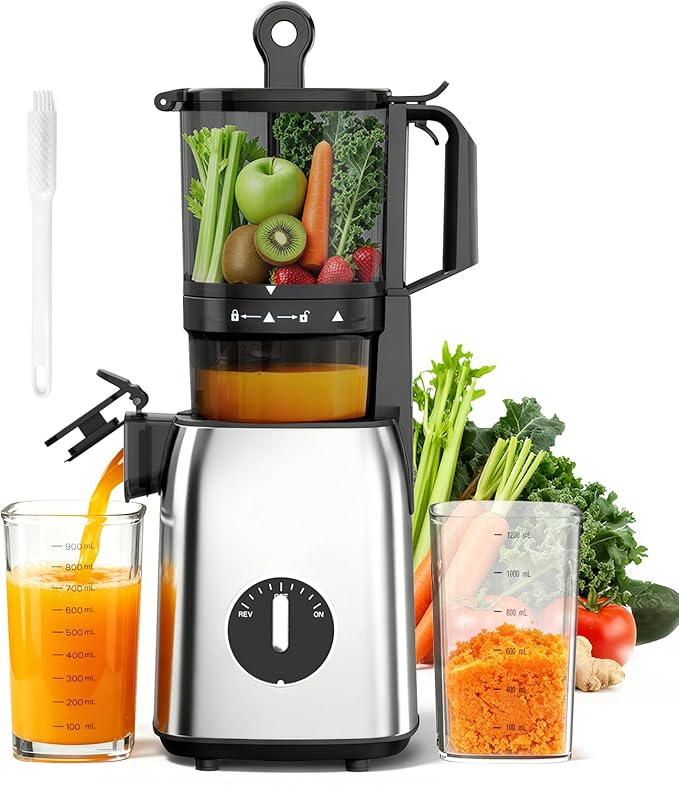 Cold Press Juicer, 5.4" Extra Wide Feed Chute Juicer Machines for Whole Vegetables & Fruits, 98% High Juice Yield, Easy Clean & Install, Compact Slow Masticating Juicer with 300W, Silver