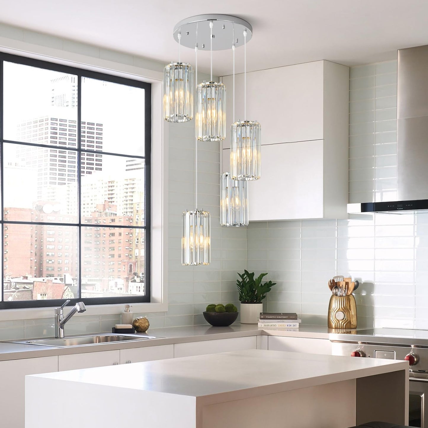 Zhllmq Chrome Pendant Lighting Modern Pendant Light  Mini Crystal Chandeliers Adjustable Pendant Light Fixture For Kitchen Island Dinning Room Corridor Bedroom(Gold 5-Light)