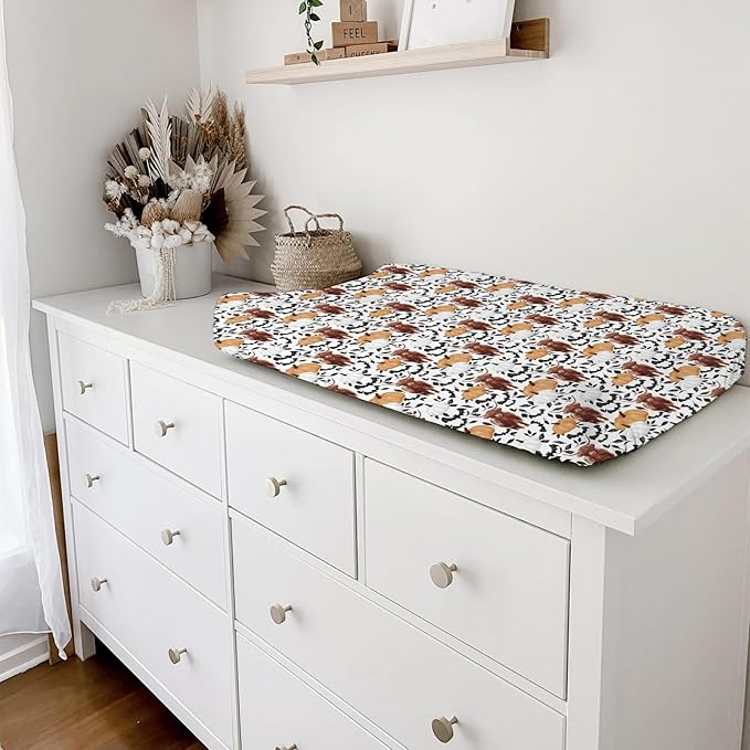 Highland Cows Pumpkin Leaves Baby Changing Pad Covers Highland Yak Halloween Bats Diaper Changing Table Sheets for Girl Boy Autumn Fall Soft Breathable Stretch Change Table Mats 32''x16''
