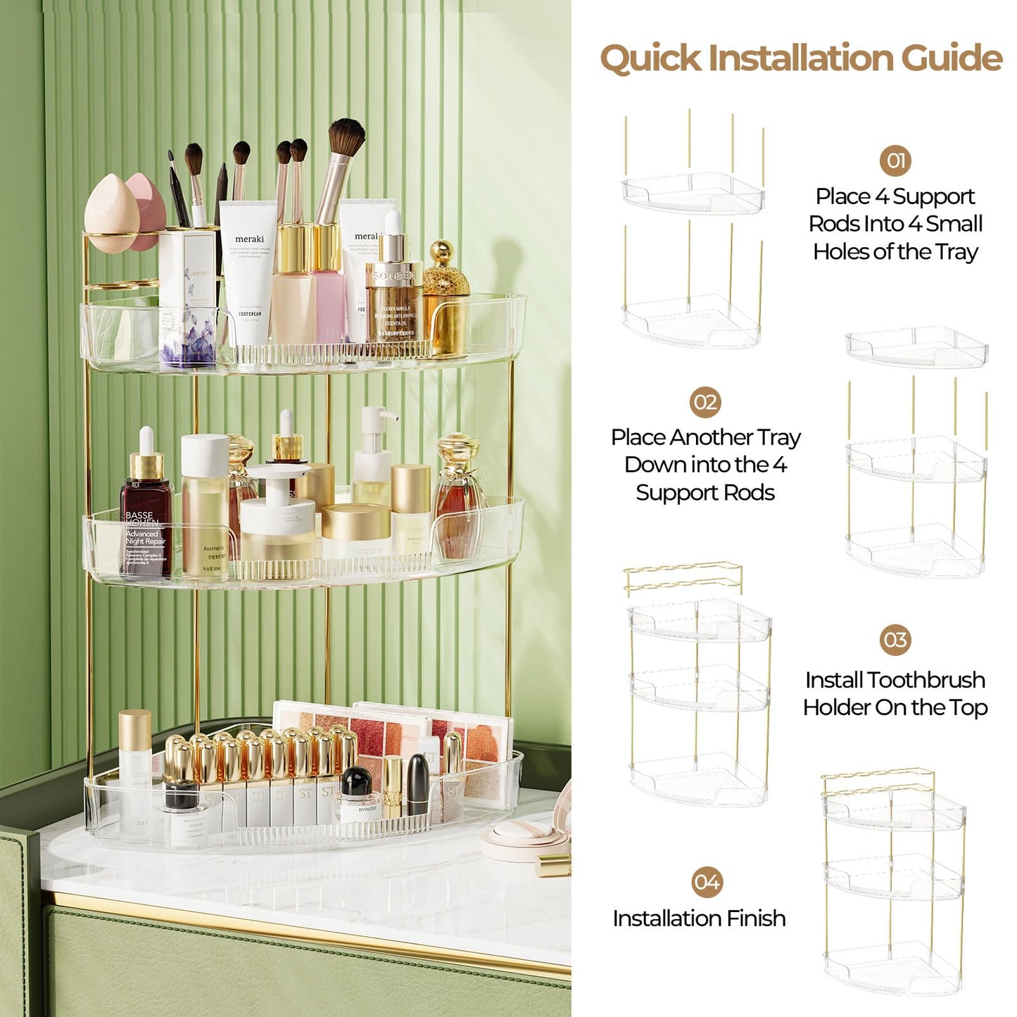FELIZHOUSE 3-Tier Makeup Organizer for Vanity & Bathroom Countertop - Acrylic Storage Shelf with Perfume Tray & Makeup Brush Hol