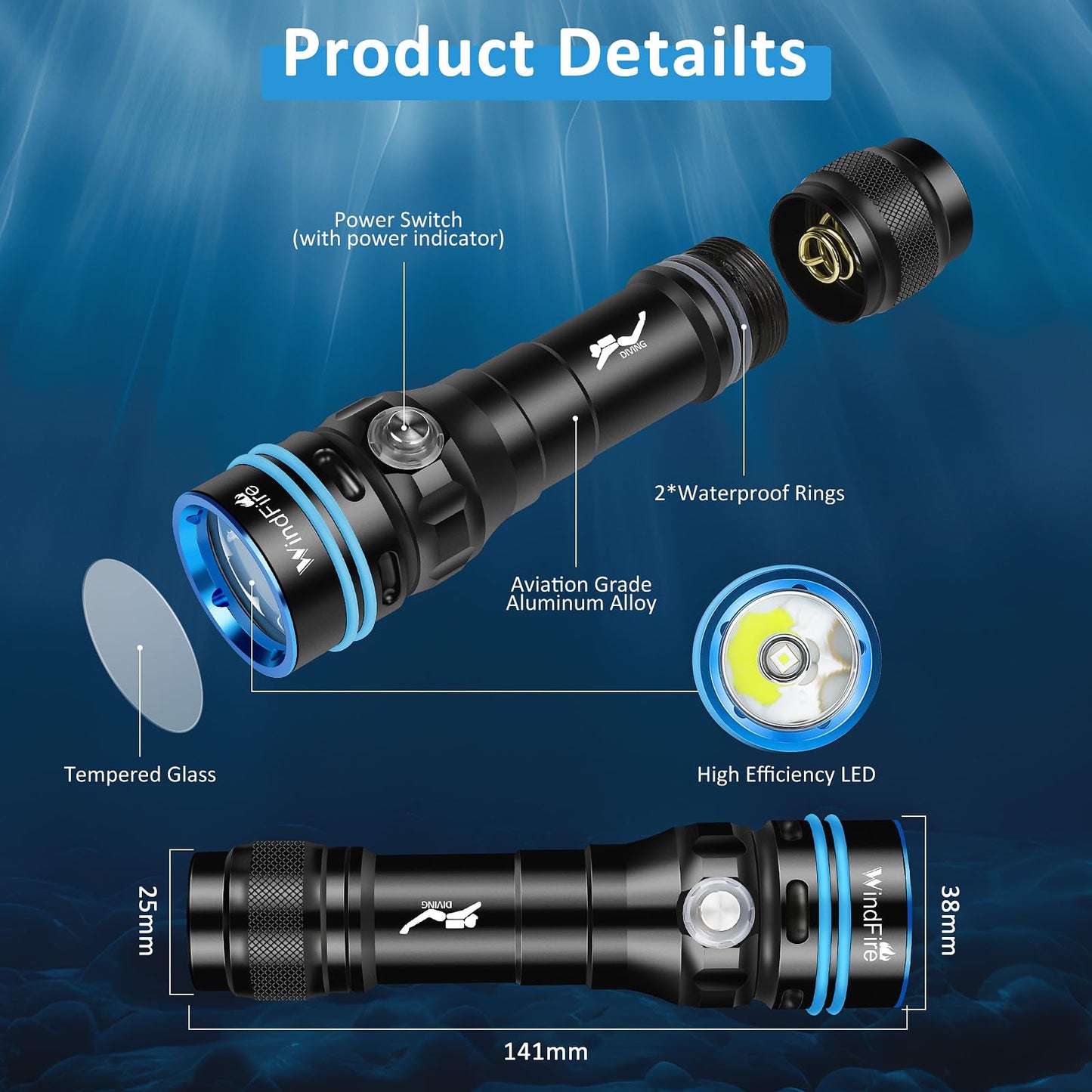 Windfire Dive Light - Super Bright Rechargeable Diving Flashlight With 4 Modes & Power Indicator  Narrow Angle Focused Beam  Waterproof Torch For Snorkeling  Scuba Diving & Underwater Exploration