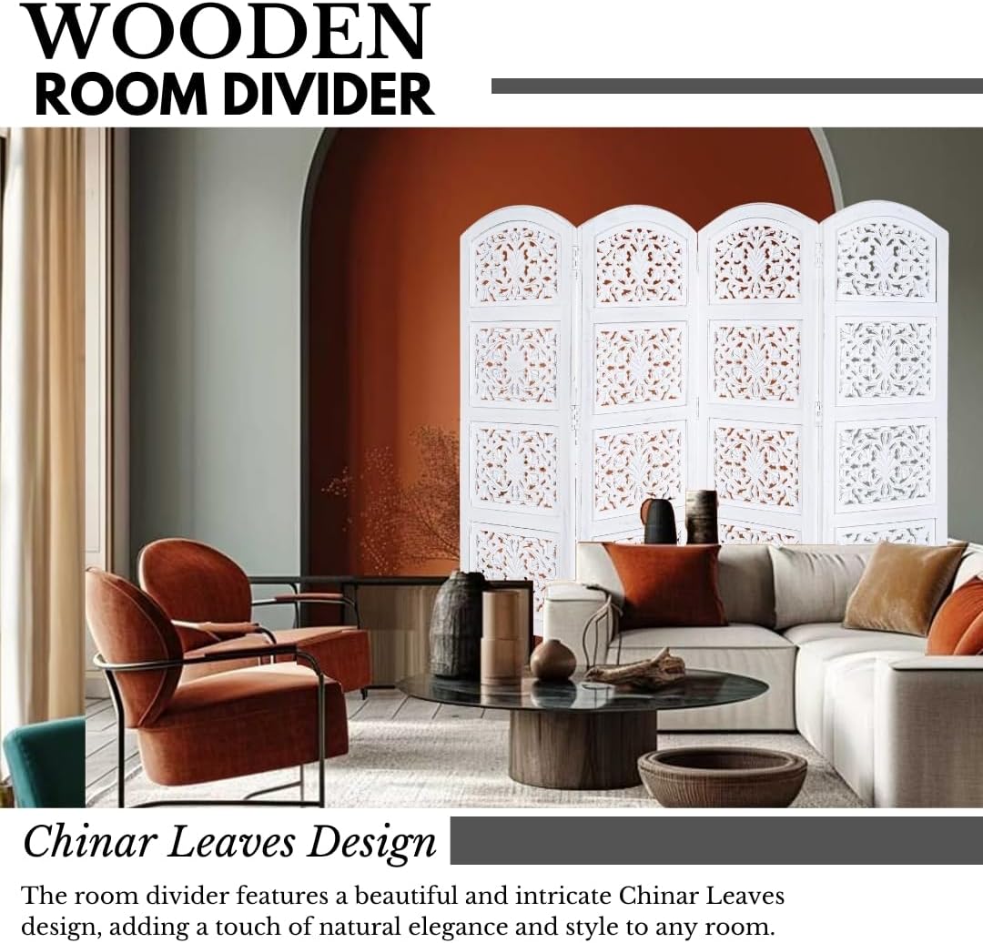 Room Divider Wood Screen Panel – White, 4-Panel Folding 64"x48", Hand-Carved, Reversible Privacy Partition, Decorative & Functional Portable Room Divider for Home or Office