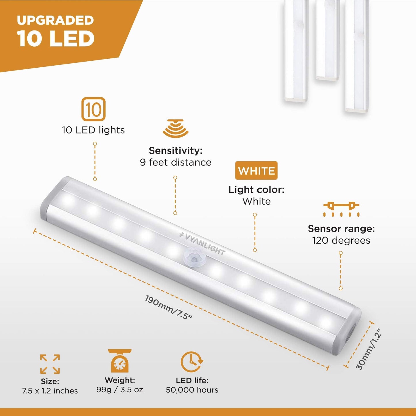 VYANLIGHT Motion Sensor LED Lights, 10 LED Battery Operated, Aluminum, 3 Pack, White, Model VL309