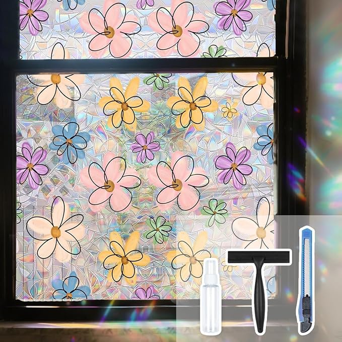 Daisy Flower Stained Glass Window Film Static Cling with Tools - 17.5 x 78.7 Inch Non-Adhesive Privacy Decorative Cute Rainbow Film for Windows, Doors, Sidelights - Easy Install & Remove