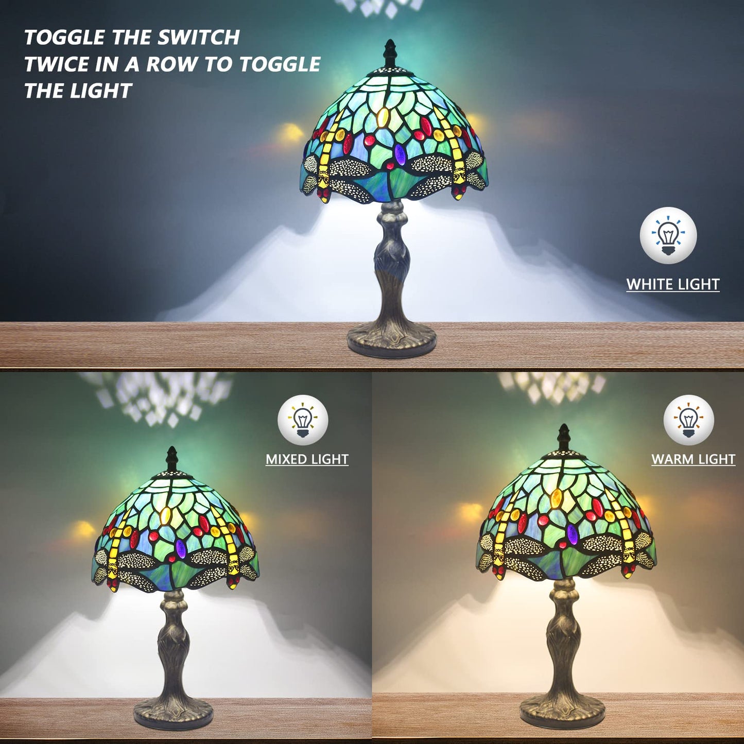 Miaoke Stained Glass Table Lamp Stained Glass Crystal Bead Style Table Light  Handmade Desk Bedside Night Light  Antique Art Craft Gifts Lover Living Room Bedroom Bookcase (Green Dragonfly)