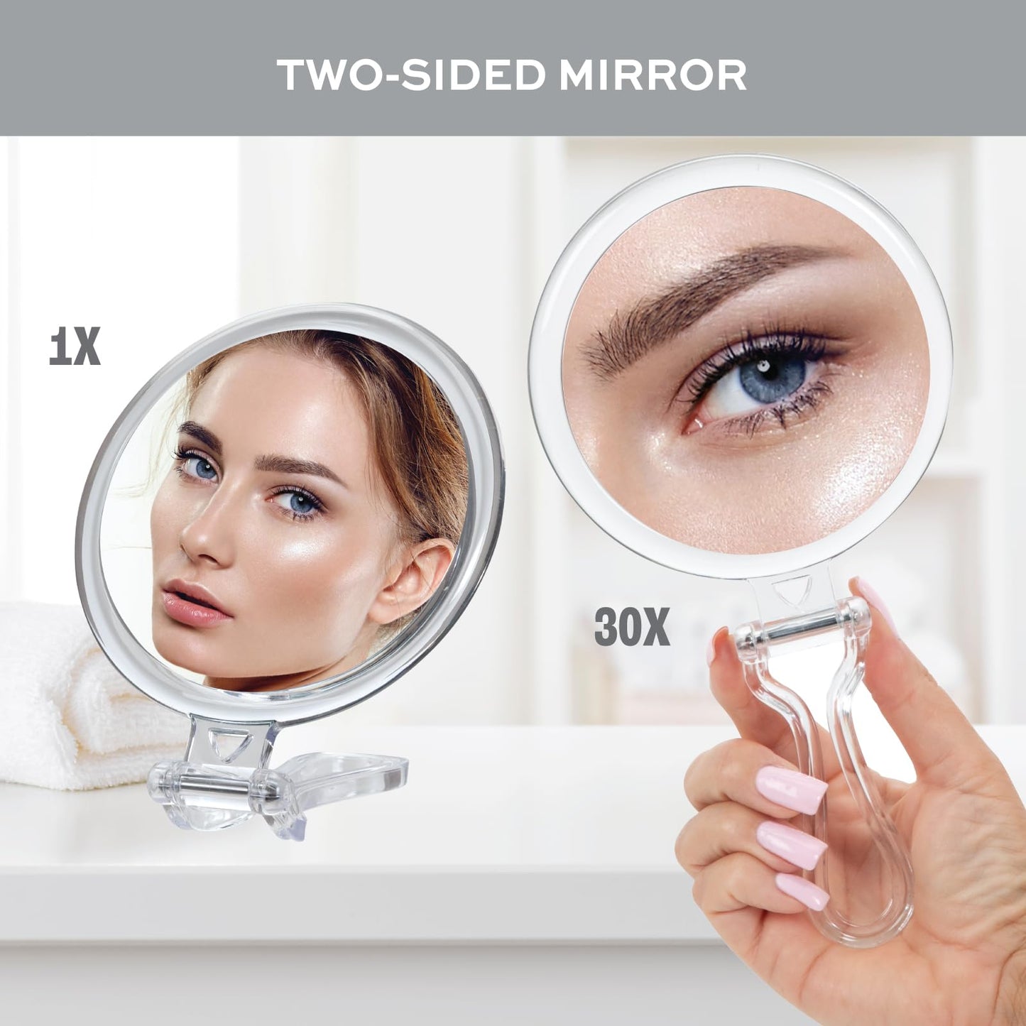 ForPro Professional Collection Expert 30X Magnifying Handheld Mirror, Double-Sided Hand Mirror with Folding Adjustable Handle fo