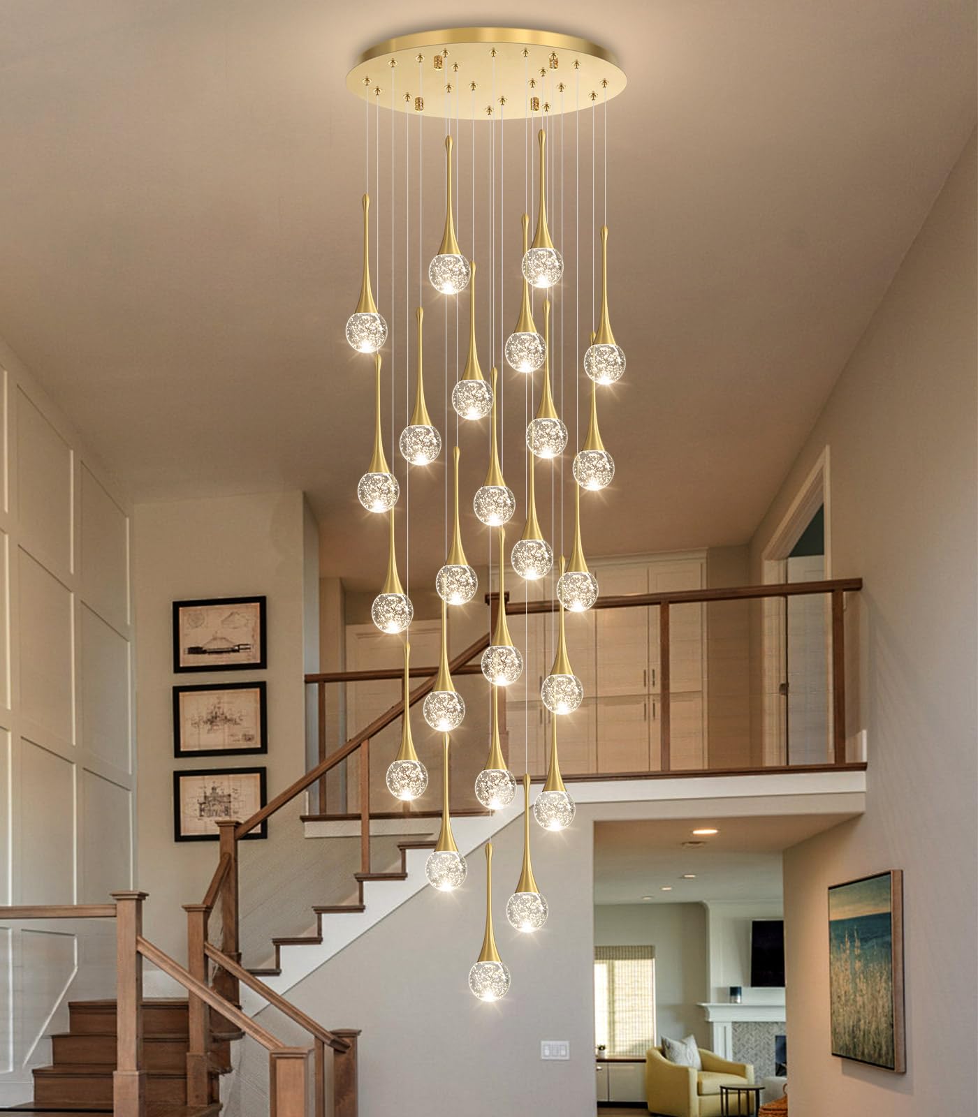 24 Light Modern Glam Crystal Chandelier For High Ceiling Led Dimmable Ceiling Pendant Light Staircase Foyer Enterway Living Room Chandelier Lighting Antique Gold
